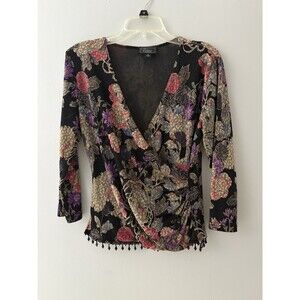 Vintage Dressbarn Womens Faux Wrap Top Womens M Black Floral Beaded Metallic